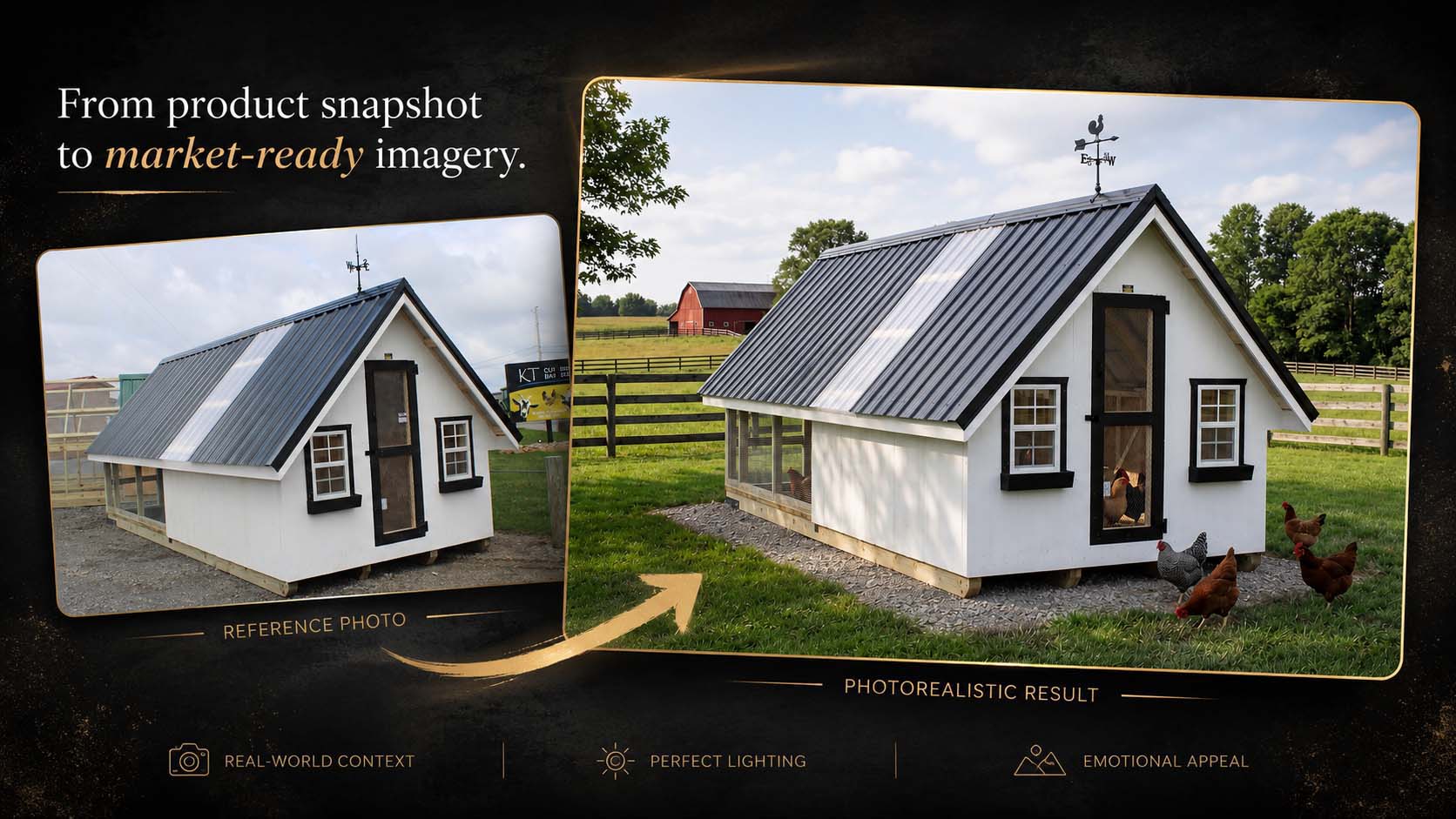 Chicken coop transformation from product snapshot to photorealistic market-ready scene.