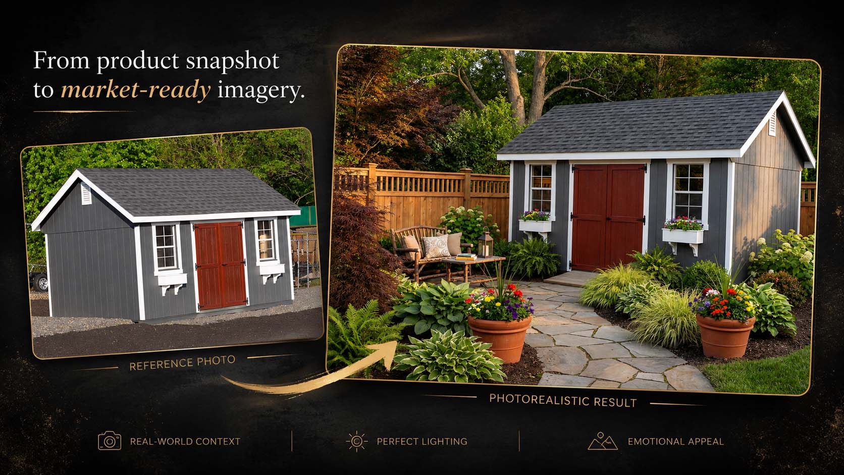 Garden shed transformation from product snapshot to photorealistic market-ready scene.