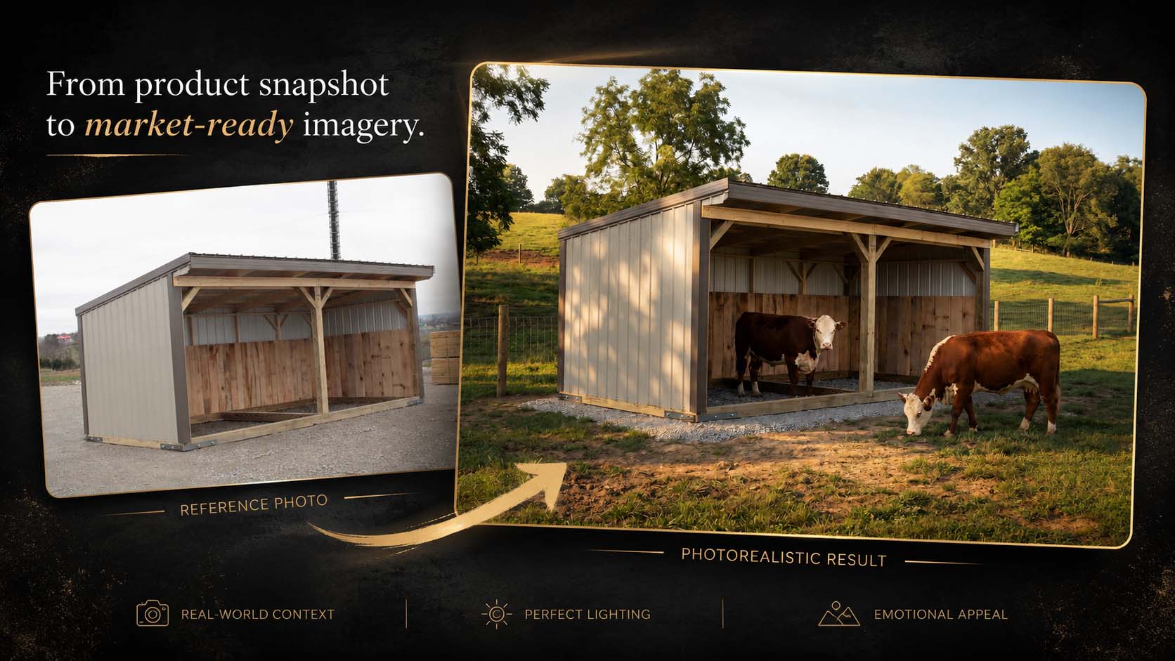Animal shelter transformation from product snapshot to photorealistic market-ready scene.